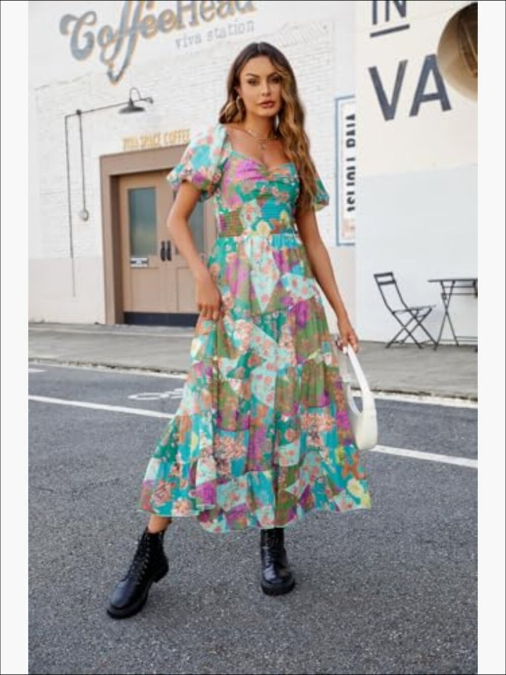 Womens Floral Maxi Dress V Neck Puff Sleeve Bohemian Casual Summer Bloomcore - Picture 3 of 4